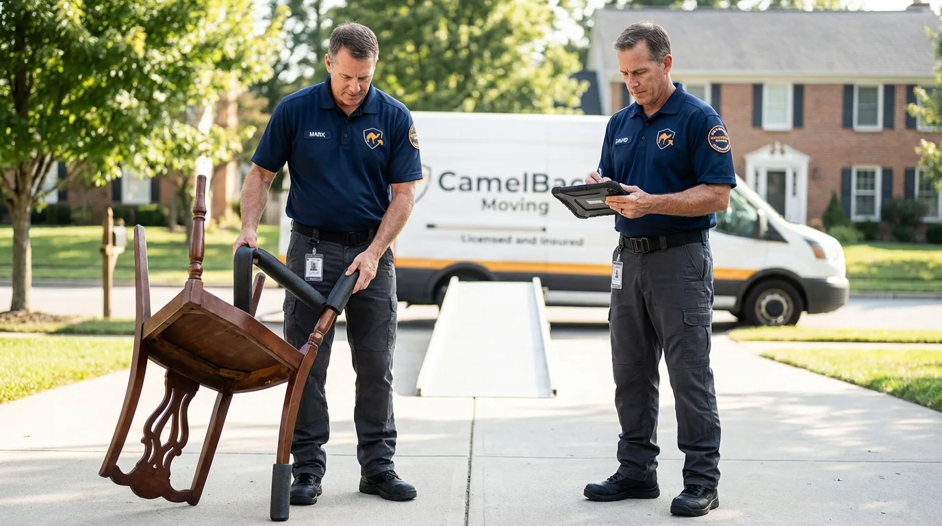 Movers inspecting furniture for damage prevention before loading in De Smet, SD